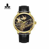 Men's Stylish Embroidery Watch with Golden Case Personalized Floral Embroidered Watch