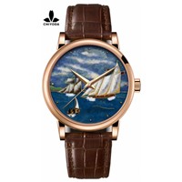 CHIYODA Women's Luxury Gold Watch Enamel Painting Automatic Watch with Swiss Movement Leather Strap - Enamel 02