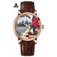 CHIYODA Men's Luxury Gold Watch Enamel Painting Automatic Watch with Swiss Movement Leather Strap - Enamel 08