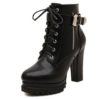 Women's Ankle Boots Glam Black Platform Lacing Buckle Zipper Shoes