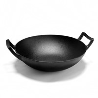 China Manufacturer Supply Big Non-Stick Pre-Seasoned Cast Iron Flat Bottom Round Double Handle Wok with Wooden Lid