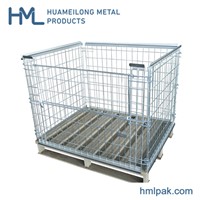 Euro Warehouse Bulk Collapsible Rigid Steel Metal Folding Stackable Wire Mesh Storage Pallet Cages with Wooden Pallet