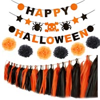 Happy Halloween Banner with Paper Pom Poms, Garlands, Tassels for Party Decoration