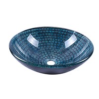 Bathroom Round-Shaped Veseel Glass Sink In Dark Blue Color Mosaic Design