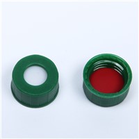 White PTFE/Red Silicone Septa, 9mm Green Short Screw-Thread Polypropylene Cap, 6mm Centre Hole