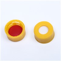 White PTFE/Red Silicone Septa, 9mm Red Short Screw-Thread Polypropylene Cap, 6mm Centre Hole