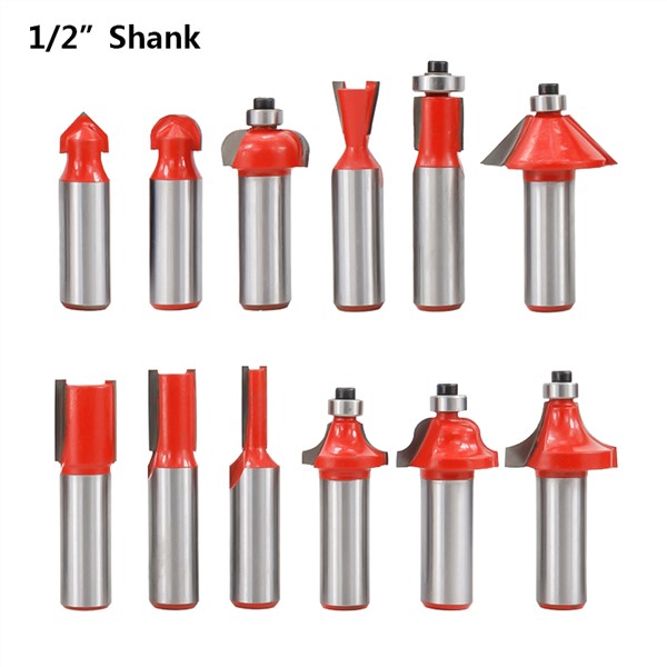 12pcs in Wooden Box Woodworking Milling Cutters Set Shank Carbide Router Bit Cutting Tools 1/2" 1/4"
