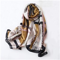 Factory Supply Women Scarf Custom Fashion Block Leopard Printed Scarves Ladies Imitated Silk Scarf