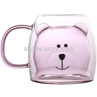 New Design Colorful Bear Shape Double Wall Glass Cup Pink Double Walled Glass Mug with Handle