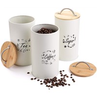 3 Pack Kitchen Canisters with Bamboo Lids Metal Canister Set, Coffee, Sugar, Tea, Flour Storage Containers