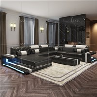Factory Supplier Leisure LED Genuine Leather Living Room Modular Couch Luxury Functional Home Furniture Sectional U Shap
