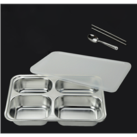 Stainless Steel Compartment Rectangular Lunch Tray Dinner Plate Food Serving Tray with Lid