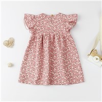 Summer Pink Flower Cute Girl Dress Kids Fly Sleeve Flower Print Princess Skirt