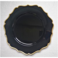 Cheap Wholesale Black Plastic Sun Flower Charger Plate with Gold Rim
