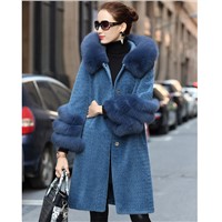 New Sheep Shearing Jacket Women'S Elegant Medium Long Outwear Granular Wool Fox Fur Collar Big Fur Cuff Sheepskin Coat