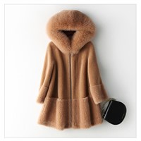 Winter Fox Fur Collar Plush Wool Overcoats Female Thick Plus Size Outfit Warm Fur Hooded Ladies Jacket Winter