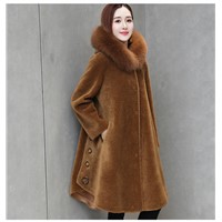 Women Autumn Winter New Warm Sheep Shearling Coats with Hat Female Real Lamb Fur Jackets Ladies Loose Solid Color O