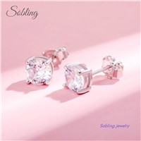 Sobling 4/6/8MM Round Brilliant CZ Stud Earrings 925 Sterling Silver Hip Hop Fashion Iced Out Cubic Zirconia Jewelry Whi