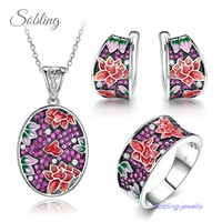 Sobling Ladies 925 Sterling Silver Colorful Enamel Tulip Flowers Jewelry Set with Ruby Corundum Paved Earring Buckle Rin