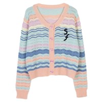 Embroidered Logo Wavy Stripes Hollow Knitting Cardigan Spring Autumn Knitwear Women's Sweater