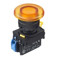 Idec, YW Illuminated Amber Mushroom Push Button Complete Unit, NO, 22mm Maintained Screw