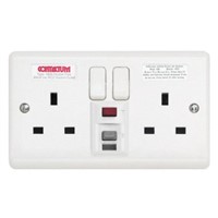 Contactum 13A, Active, 2 Gang RCD Socket, Urea Formaldehyde, Wall Mount , Switched, IP2X, 230V ac, White, Screwed