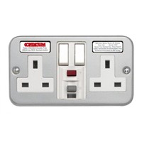 Contactum 13A, Active, 2 Gang RCD Socket, Metal Clad, Wall Mount , Switched, IP2X, 230V ac, Grey, Screwed Faceplate
