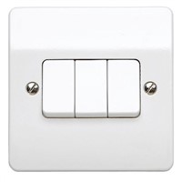 White 10 A Flush Mount Rocker Light Switch MK White 7 mm, 2 Way Screwed Semi Gloss, 3 Gang BS Standard, 250 V ac 86mm