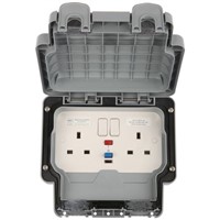 MK Electric Masterseal plus 13A, BS Fixing, Active, 2 Gang RCD Socket, Polycarbonate, IP66, Grey Matt